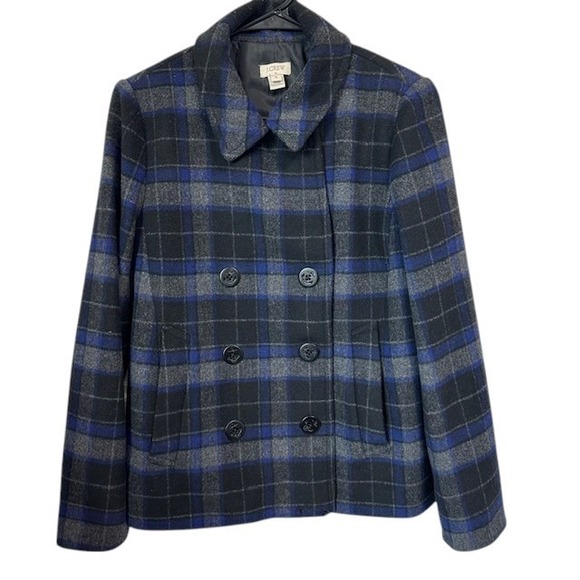 J.Crew Plaid Wool Blend Double Breasted Pea Coat Jacket Blue Gray Size 6 - Picture 3 of 16